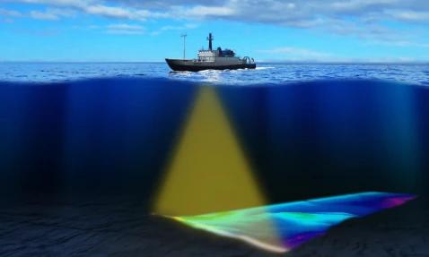 Illustration of a survey vessel's multibeam echosounder mapping a wide swath of the seafloor